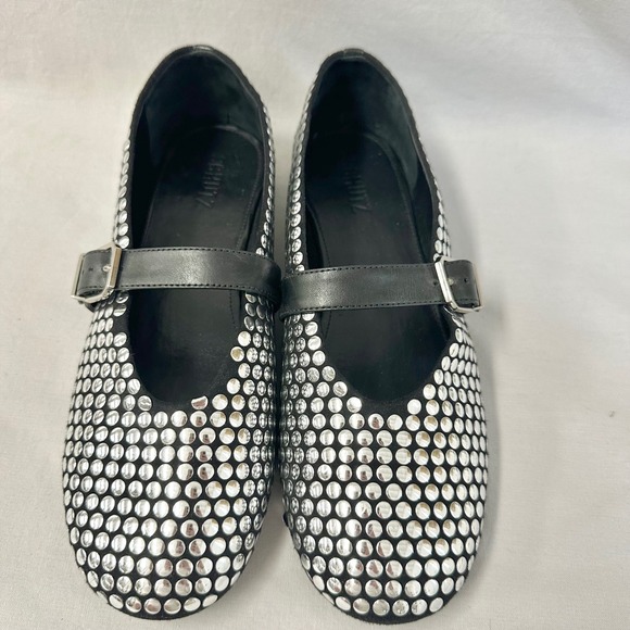 Schutz Eiza Black Leather Silver Studded Mary Jane Flats 9.5B Brazil